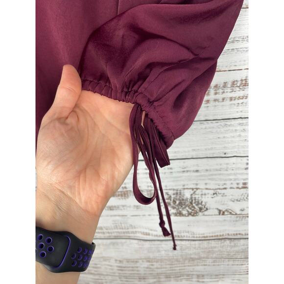Bordeaux Tana Short Sleeve Top Satin Red Wine Small Boxy Career Office Tie Waist - Picture 3 of 7